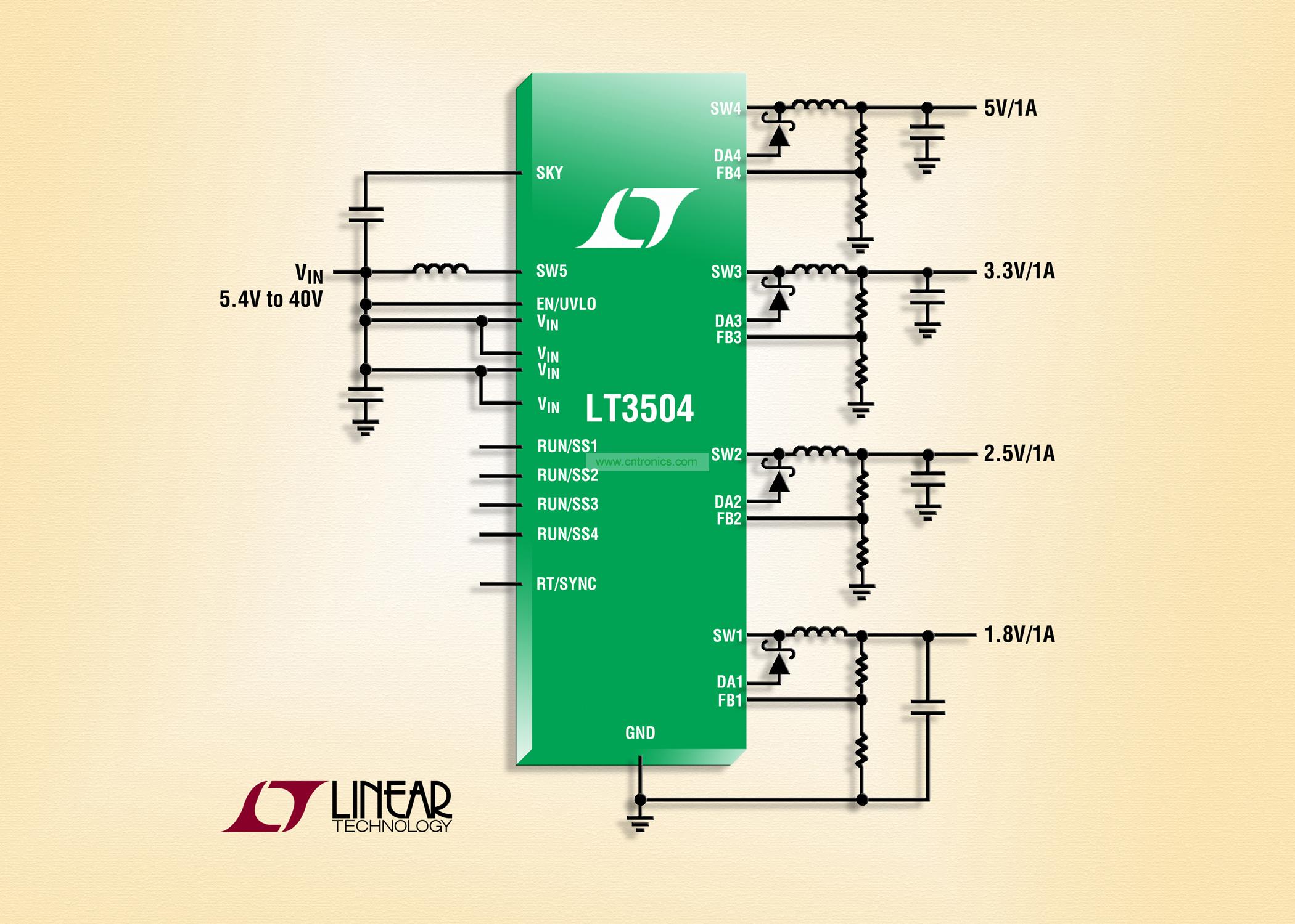 40V、4 通道 1A (IOUT)、2.2MHz 降壓型 DC/DC 轉(zhuǎn)換器