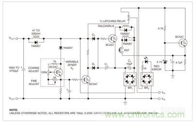 這個保護電路的核心是雙穩鎖存繼電器，防止負載因過壓和錯誤極性而遭損壞