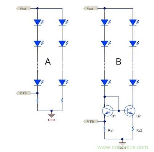 電流鏡 (B) 可針對簡單電阻器電流調(diào)節(jié) (A) 提供各種優(yōu)勢。