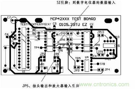 這是對圖2所示電路的第一次布線嘗試。此配置在模擬線路上產生不規(guī)律的噪聲，這是因為在特定數字走線上的數據輸入碼隨著數字電位器的編程需求而改變。