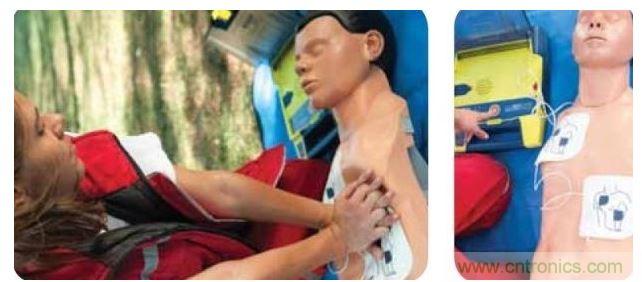 胸部按壓CPR(左圖)迫使血液循環，為大腦及其它生命器官供血，直到AED重啟心臟(右圖)。