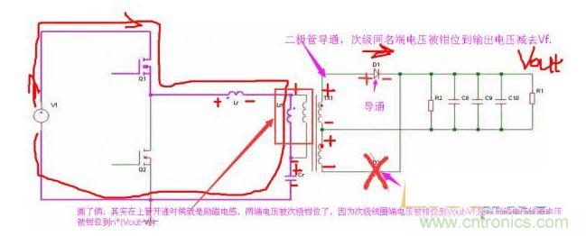 上管開通，注意諧振電感、勵磁電感、諧振電容的正負