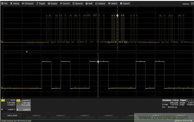 使用CustomDSO運行VB腳本&ldquo;zoom_Track.lss&rdquo;。當(dāng)腳本運行時，縮放波形的中心將跟蹤水平的光標(biāo)絕對位置。從圖中可以看出，光標(biāo)將永遠位于縮放波形Z1的中心